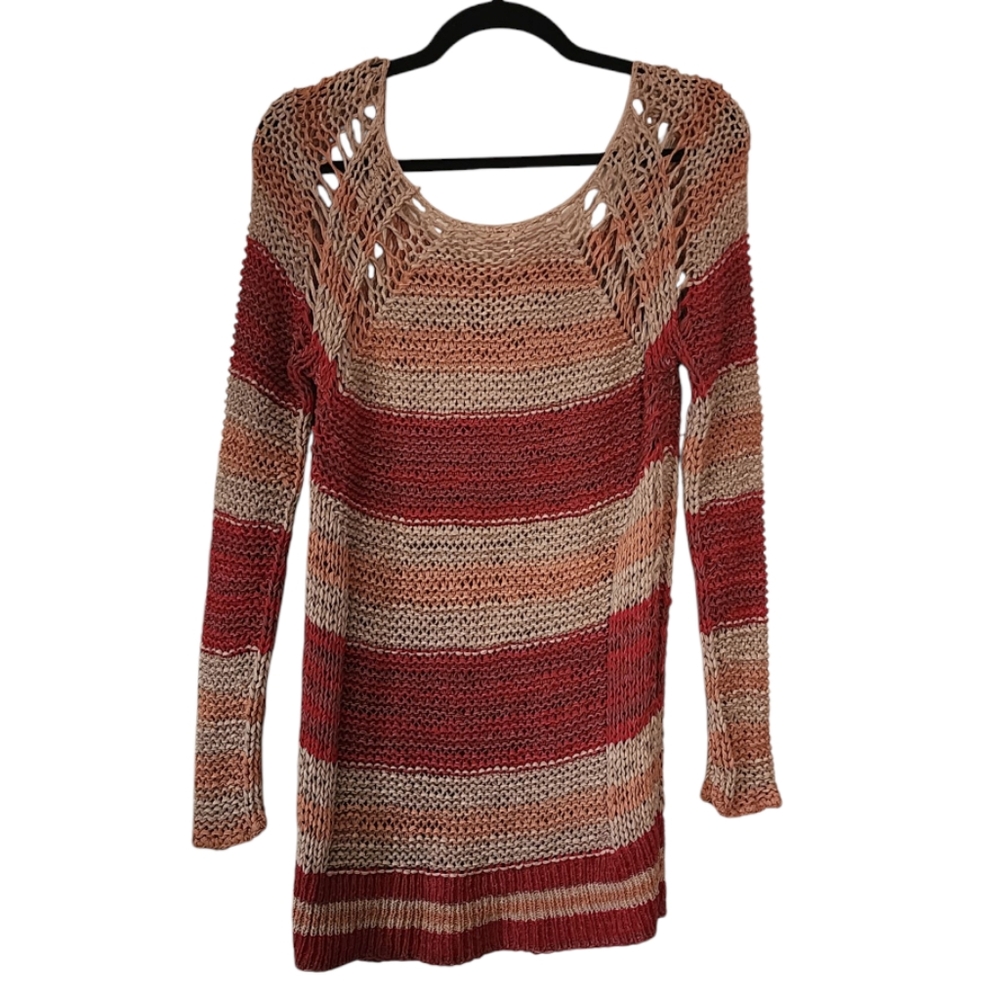 Free People Oversized Sweater Chunky Knit Striped Long Sleeve - Tan/Red, Small - Picture 2 of 4